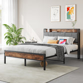 Full Bed Frame with Storage Headboard & Charging Station, Brown/Gray